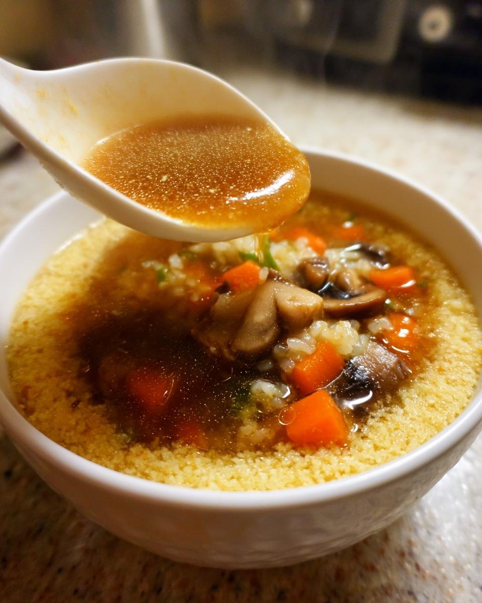 A spoonful of hot broth being poured over crispy rice and vegetables in a bowl of Sizzling Rice Soup.