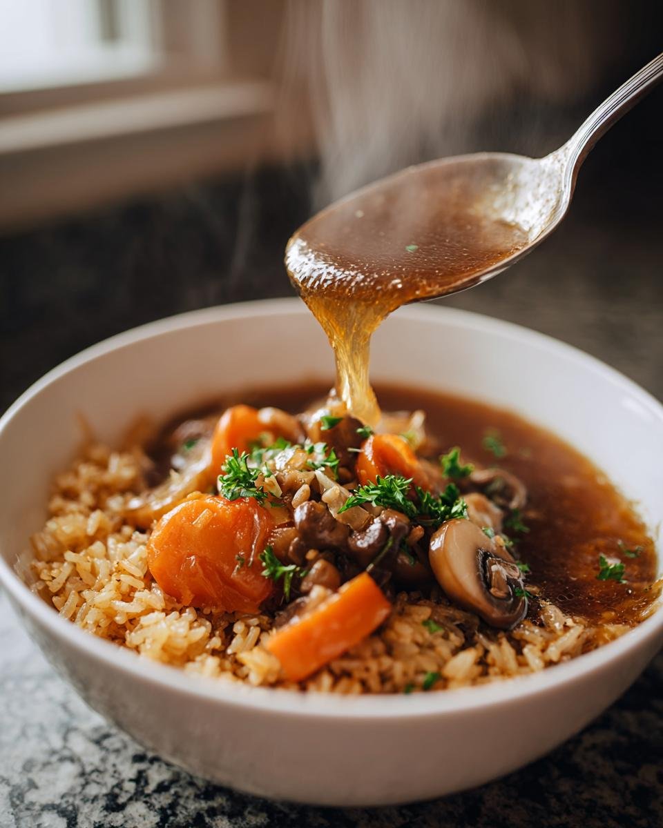 A spoonful of hot, steaming broth is poured over rice, mushrooms, and carrots in a bowl of Sizzling Rice Soup.