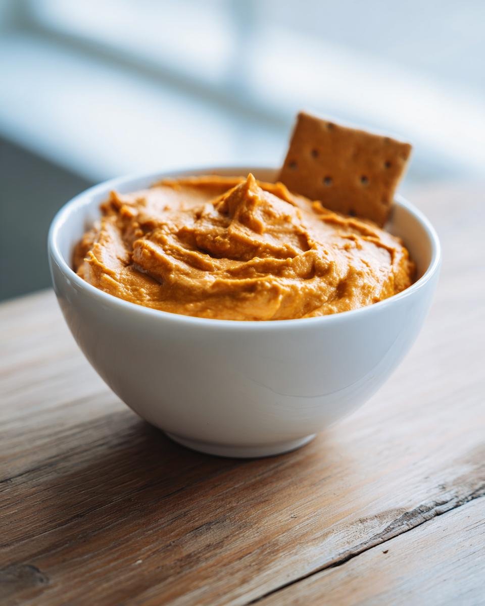 A close-up of creamy Pumpkin Peanut Butter Dip served in a white bowl with a cracker dipped in.