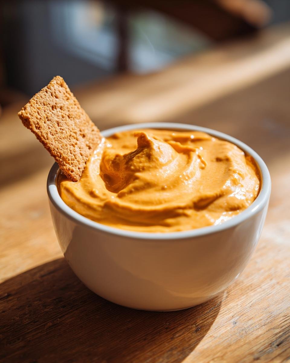 A close-up of creamy Pumpkin Peanut Butter Dip served in a white bowl with a graham cracker dipped in.