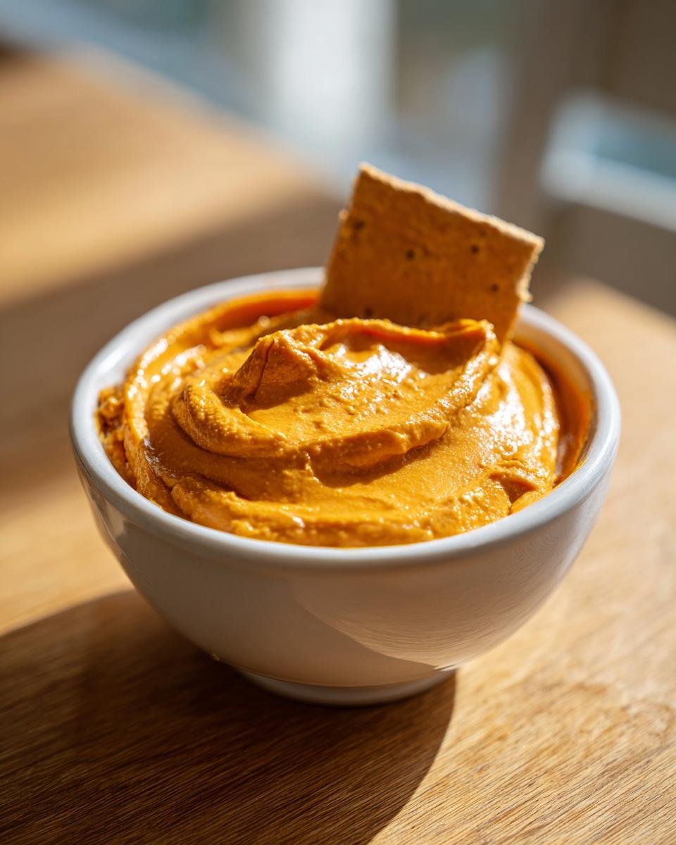 Close-up of a white bowl filled with thick, orange Pumpkin Peanut Butter Dip, featuring a cracker dipped inside.