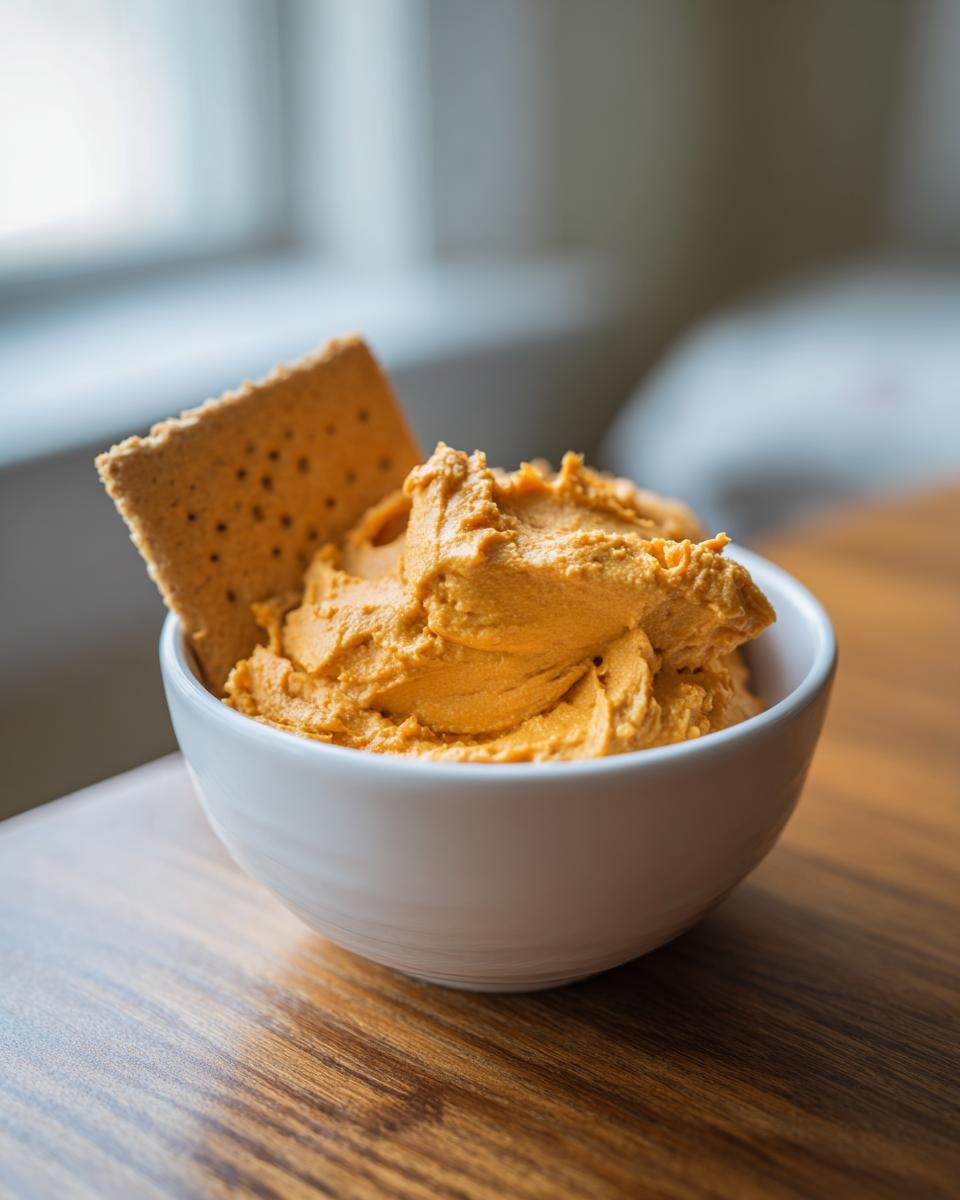 A close-up of thick, orange Pumpkin Peanut Butter Dip served in a white bowl with a graham cracker.