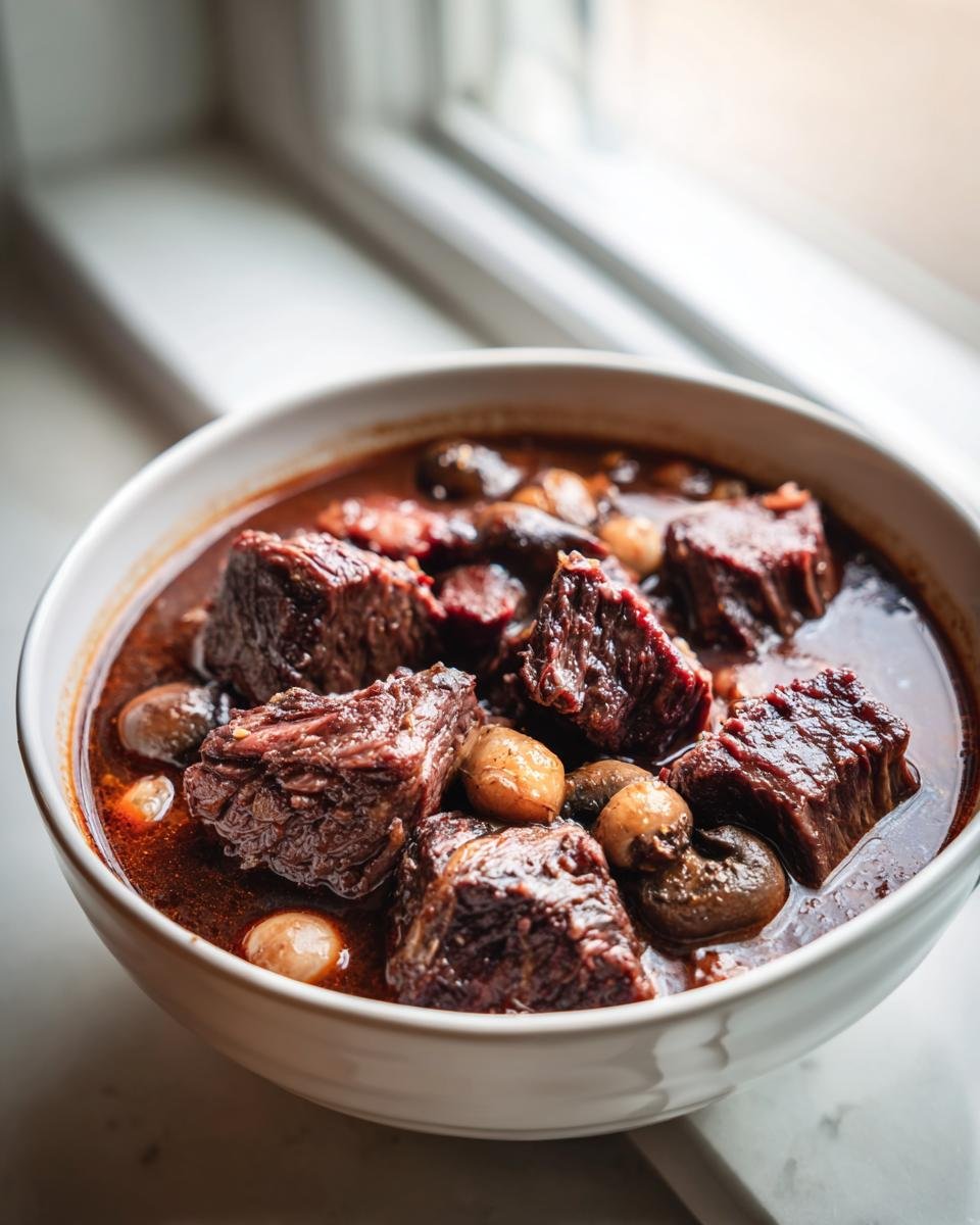Close-up of tender chunks of Beef Bourguignon stewed in rich red wine sauce with small mushrooms.