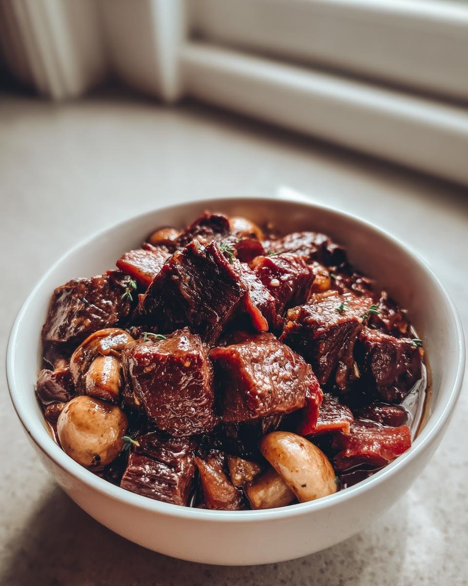 Close-up of tender chunks of Beef Bourguignon stewed with whole mushrooms in a white bowl.
