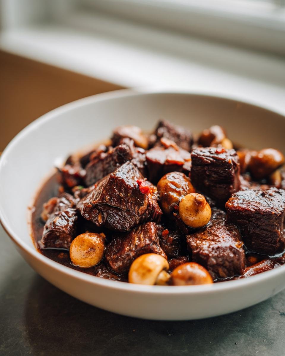 Close-up of tender chunks of Beef Bourguignon stewed with whole button mushrooms in a dark, rich sauce.