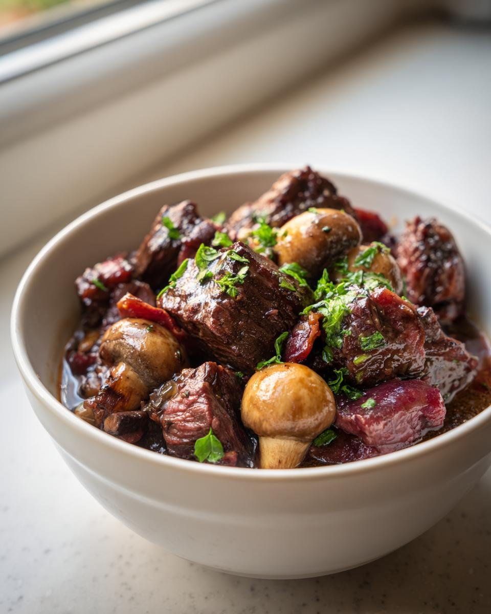 Close-up of tender chunks of Beef Bourguignon stew with whole mushrooms and parsley garnish.