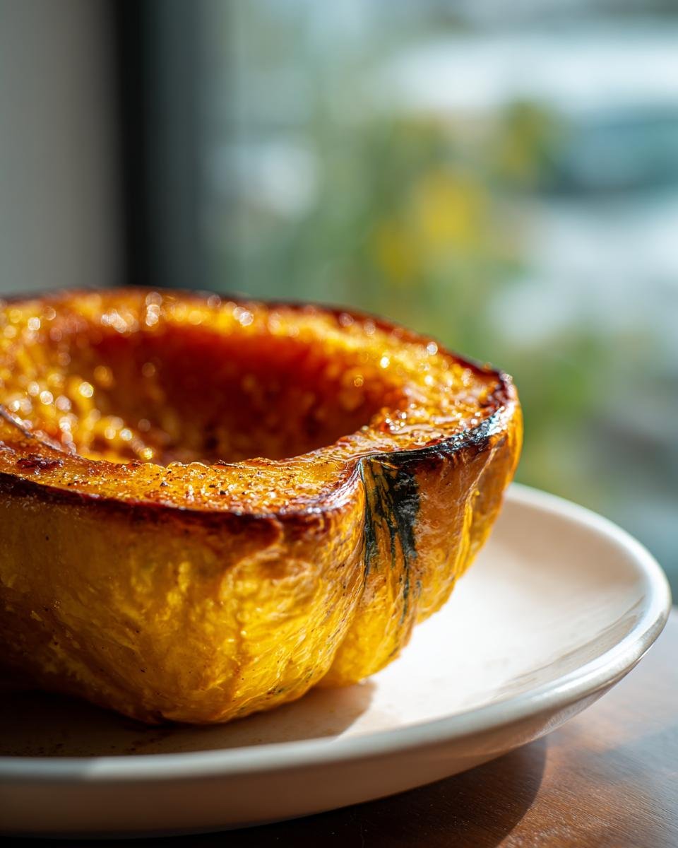 Close-up of a perfectly caramelized Roasted Acorn Squash half served on a white plate.
