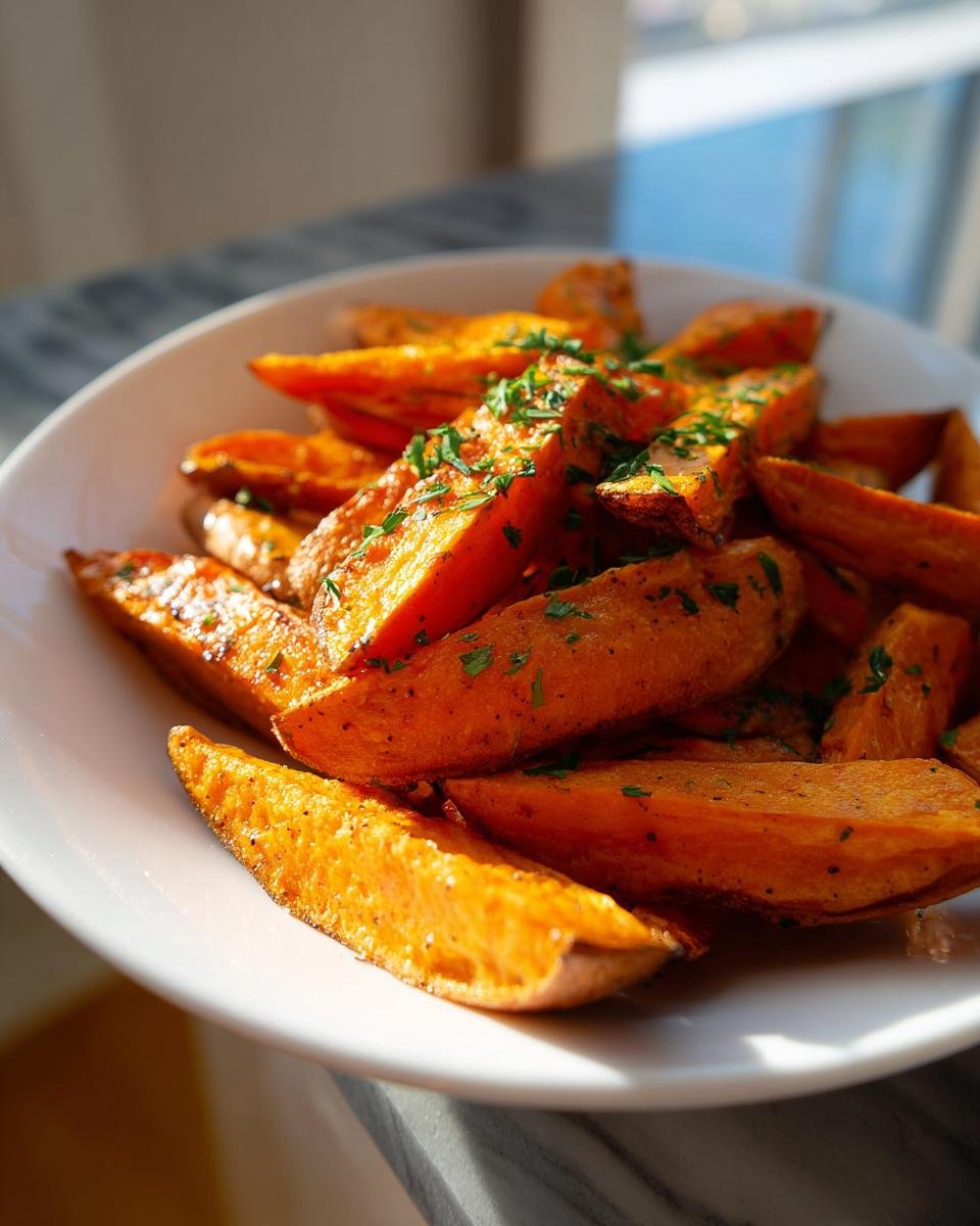 A close-up of golden brown Roasted Sweet Potato Wedges seasoned with herbs in a white bowl.