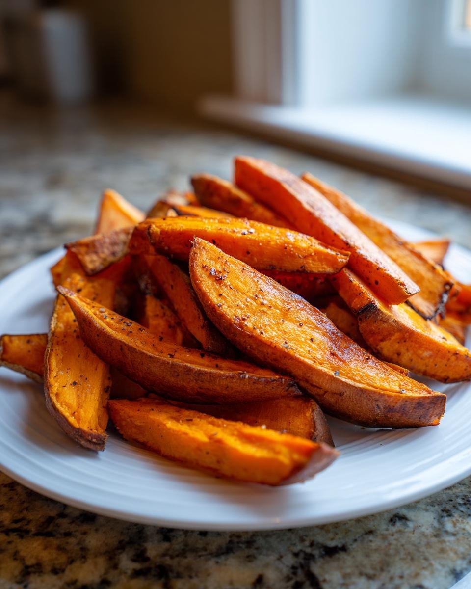 A pile of perfectly seasoned Roasted Sweet Potato Wedges served on a white plate, showing caramelized edges.