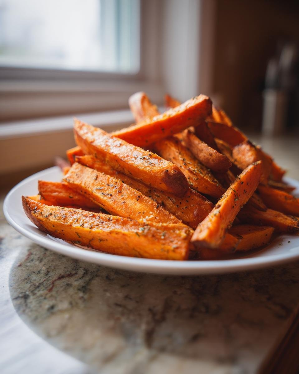 A close-up of a white plate piled high with seasoned Roasted Sweet Potato Wedges, set near a bright window.