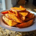 A close-up of a white bowl filled with perfectly seasoned Roasted Sweet Potato Wedges, glowing in sunlight.