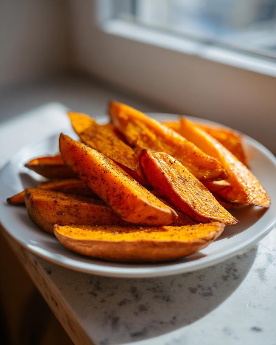 A close-up of perfectly seasoned Roasted Sweet Potato Wedges piled high on a white plate near a window.