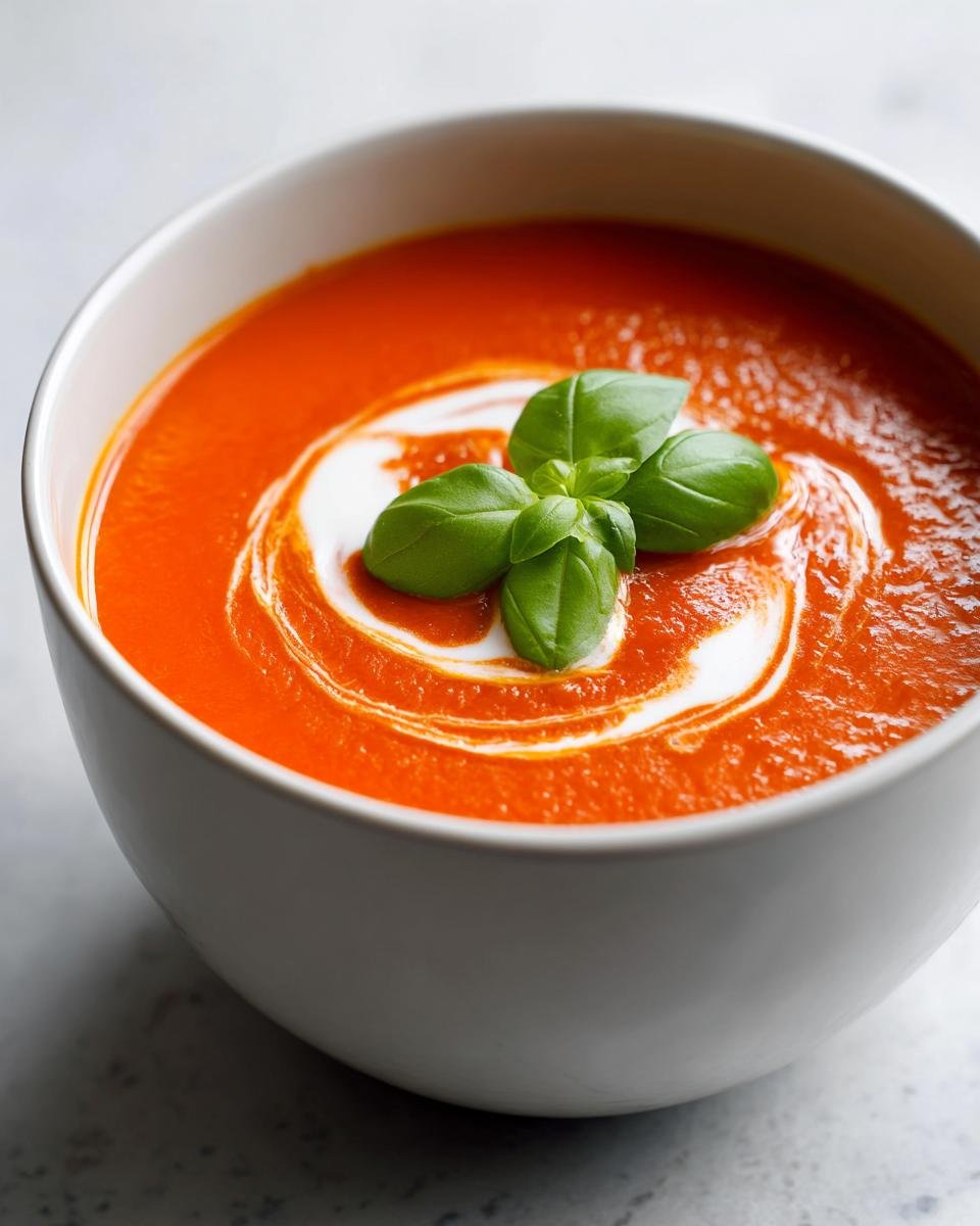 Close-up of a bowl of vibrant orange Roasted Tomato Soup, swirled with cream and topped with fresh basil leaves.