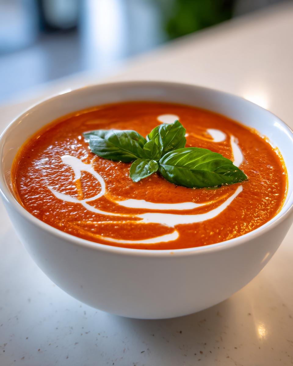 A vibrant bowl of Roasted Tomato Soup, garnished with a swirl of cream and fresh basil leaves.