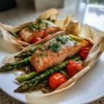 Two servings of Salmon En Papillote, featuring a perfectly cooked salmon fillet over roasted asparagus and cherry tomatoes in parchment paper.