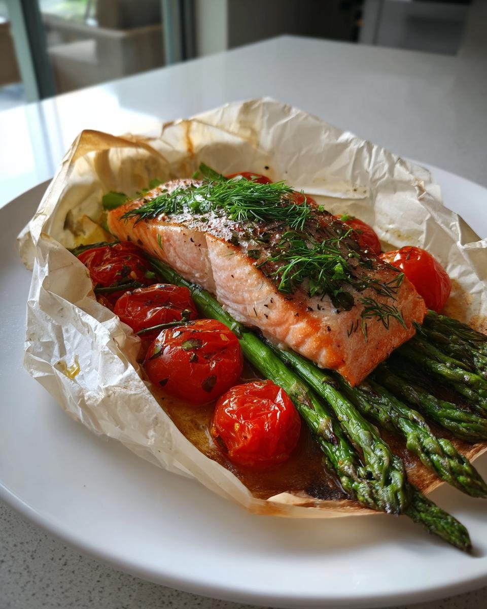 A perfectly cooked fillet of Salmon En Papillote served with roasted asparagus and cherry tomatoes, topped with fresh dill.