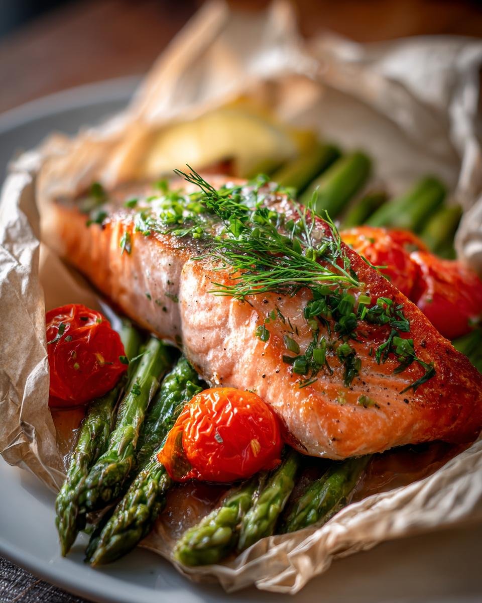 Close-up of a perfectly cooked Salmon En Papillote served over asparagus and roasted tomatoes, garnished with fresh dill.