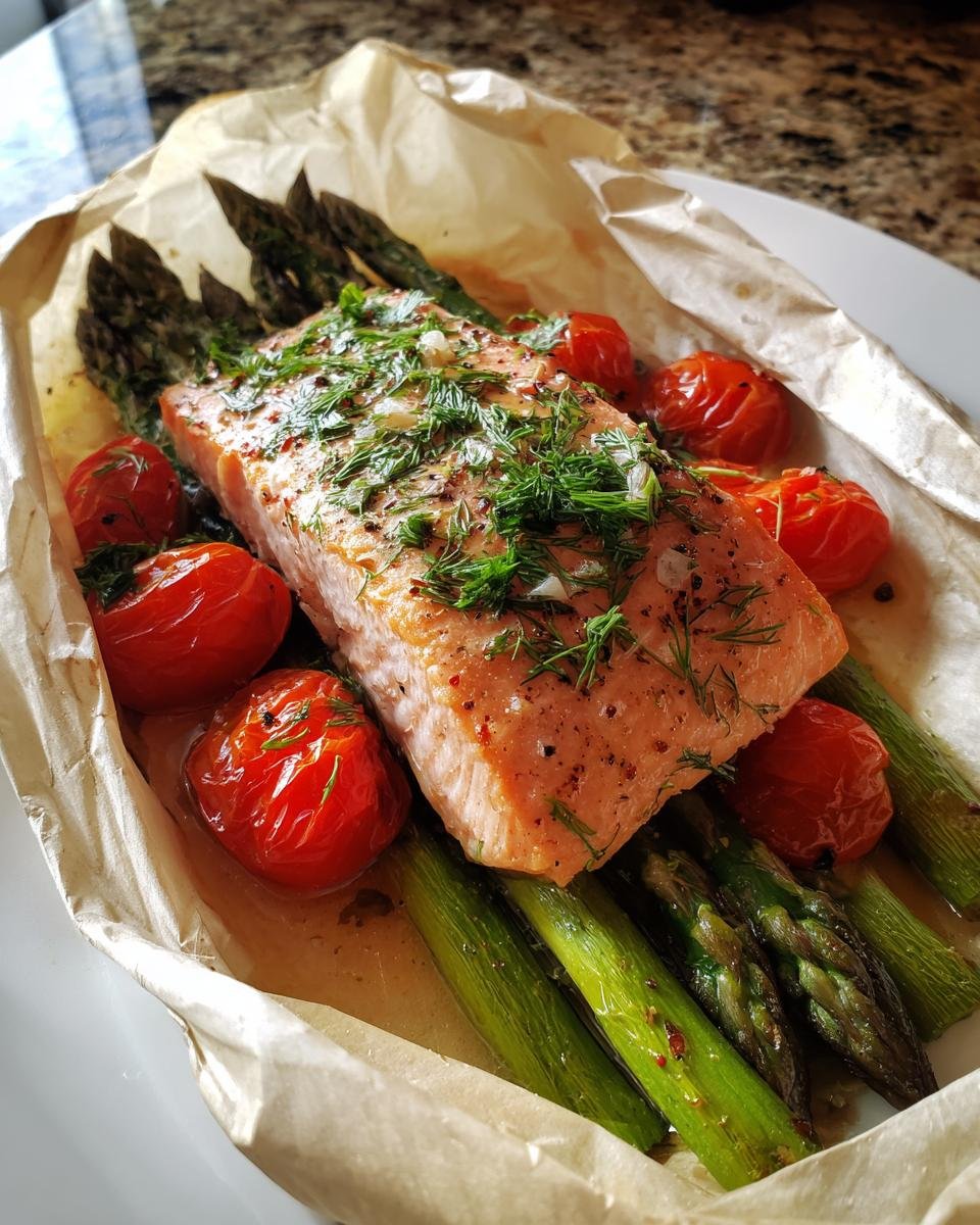 A close-up of a cooked fillet of Salmon En Papillote topped with fresh dill, next to roasted cherry tomatoes and asparagus.