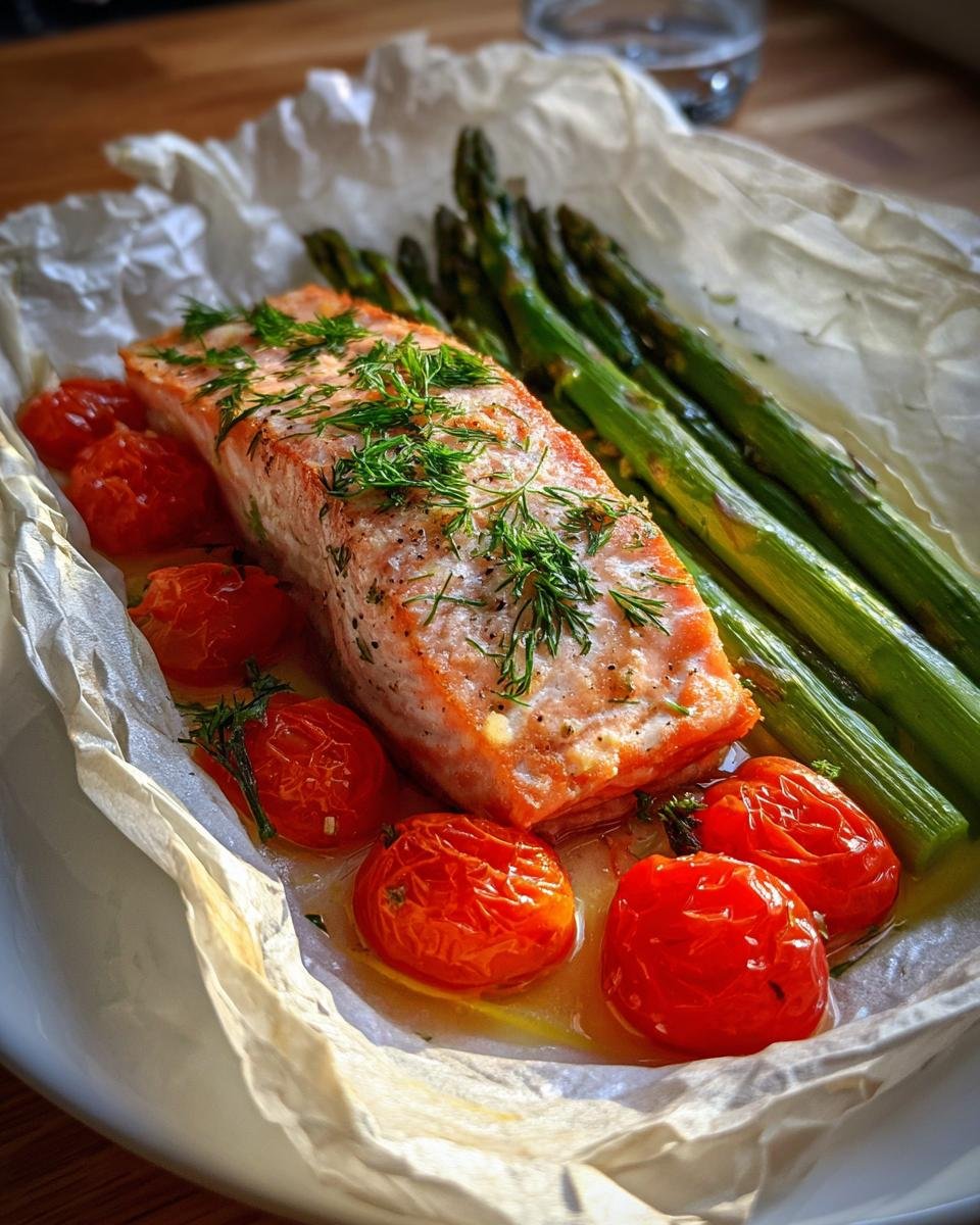 A cooked fillet of Salmon En Papillote, garnished with dill, served alongside roasted asparagus and cherry tomatoes