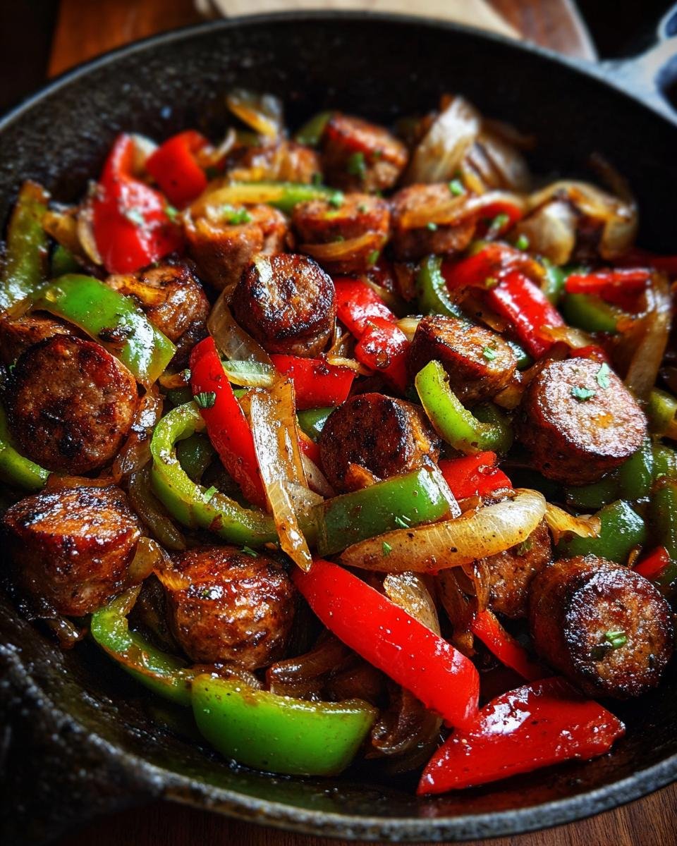 Close-up of browned sausage slices mixed with vibrant red and green bell peppers and caramelized onions in a Sausage And Peppers Skillet.