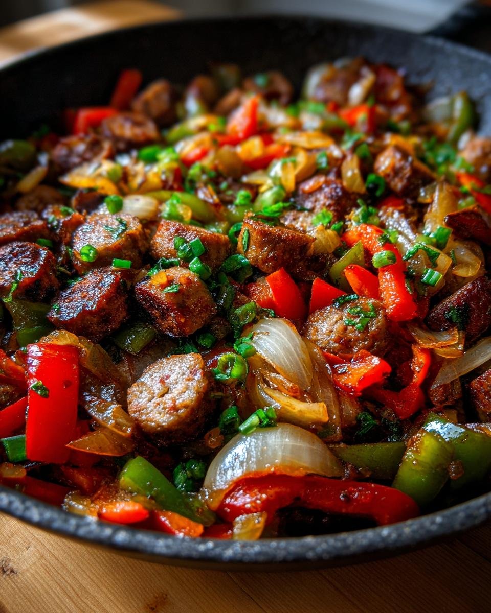 Close-up of browned sausage slices mixed with sautéed red and green peppers and onions in a Sausage And Peppers Skillet.