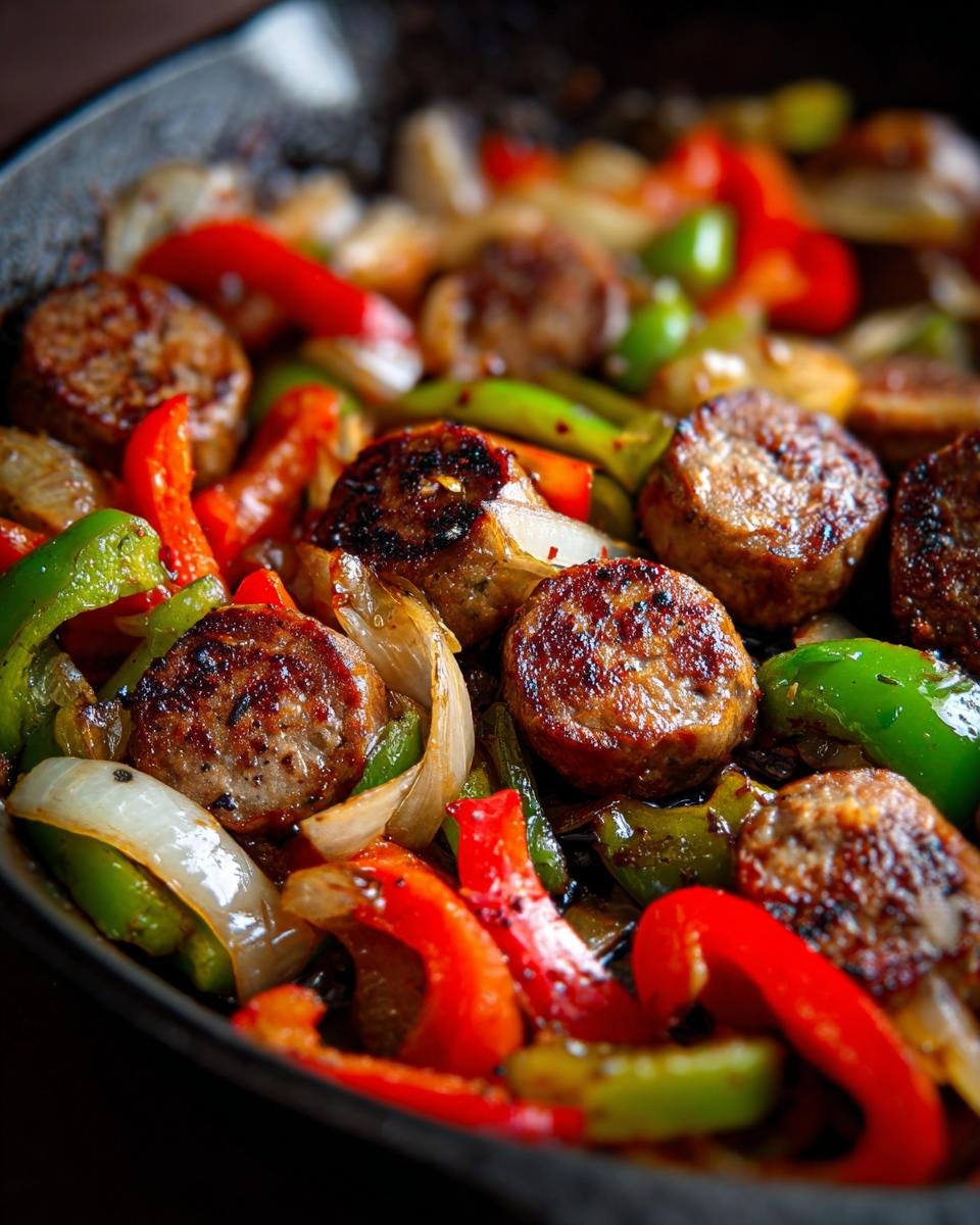Close-up of browned sausage slices mixed with sautéed red and green bell peppers and onions in a Sausage And Peppers Skillet.
