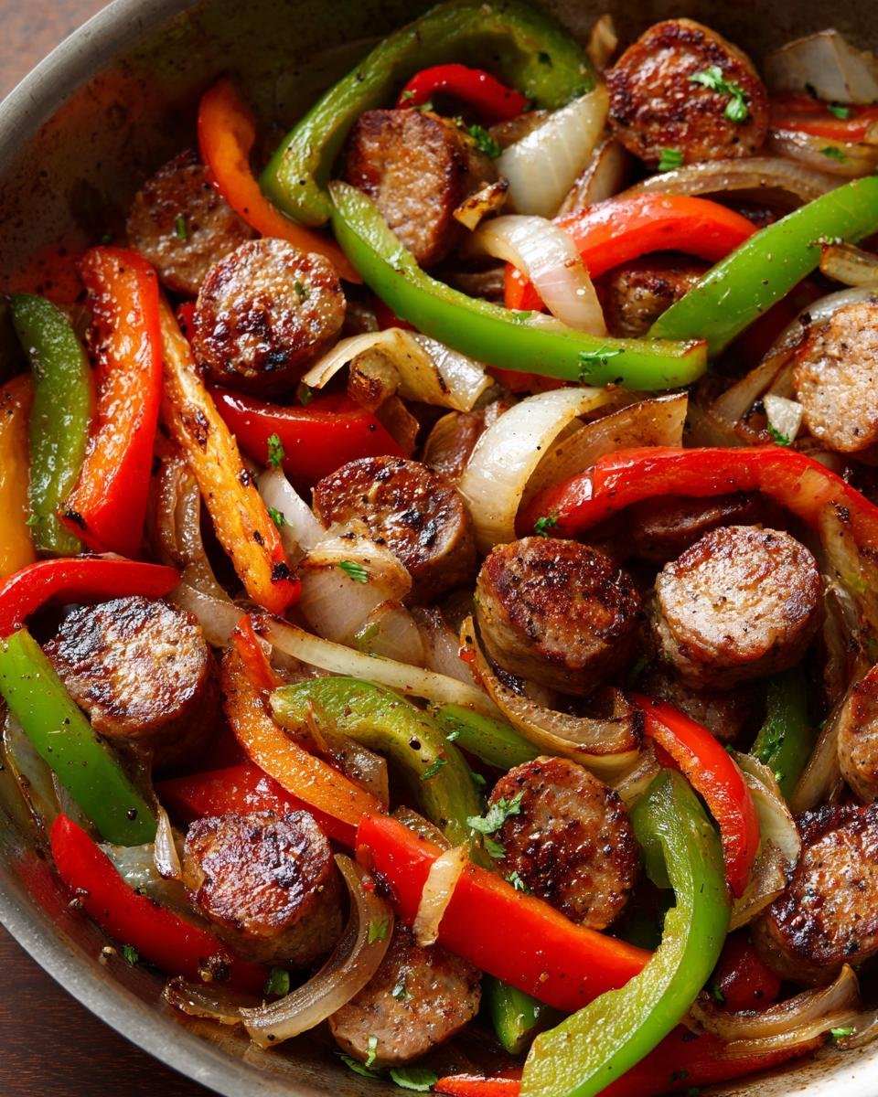 Close-up overhead view of browned sausage slices mixed with sautéed red, green, and orange bell peppers and onions in a skillet, ready for Sausage And Peppers Skillet.