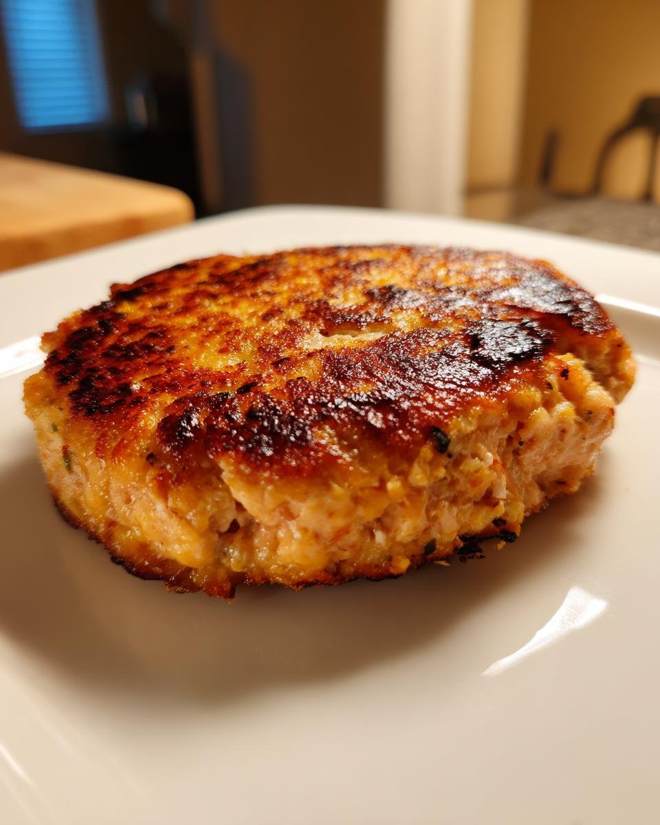 Close-up of a perfectly cooked, golden-brown and slightly charred Salmon Burger patty resting on a white plate.