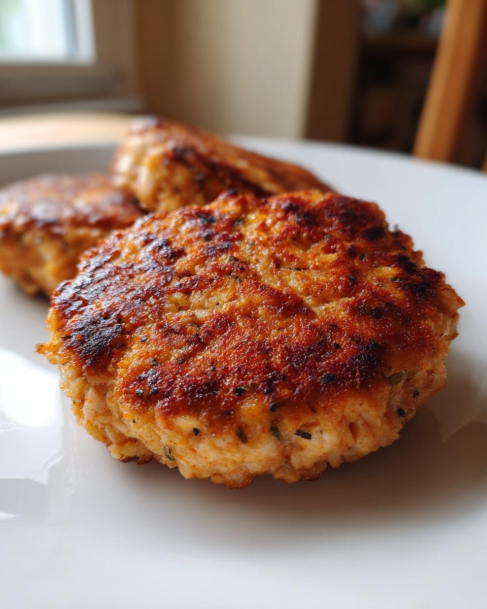 Close-up of a golden-brown, perfectly seared Salmon Burgers patty resting on a white plate.