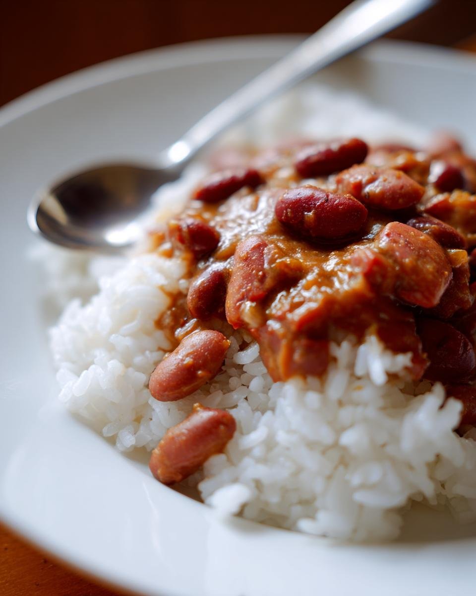 Close-up of a serving of amazing Red Beans And Rice spooned over fluffy white rice on a white plate.