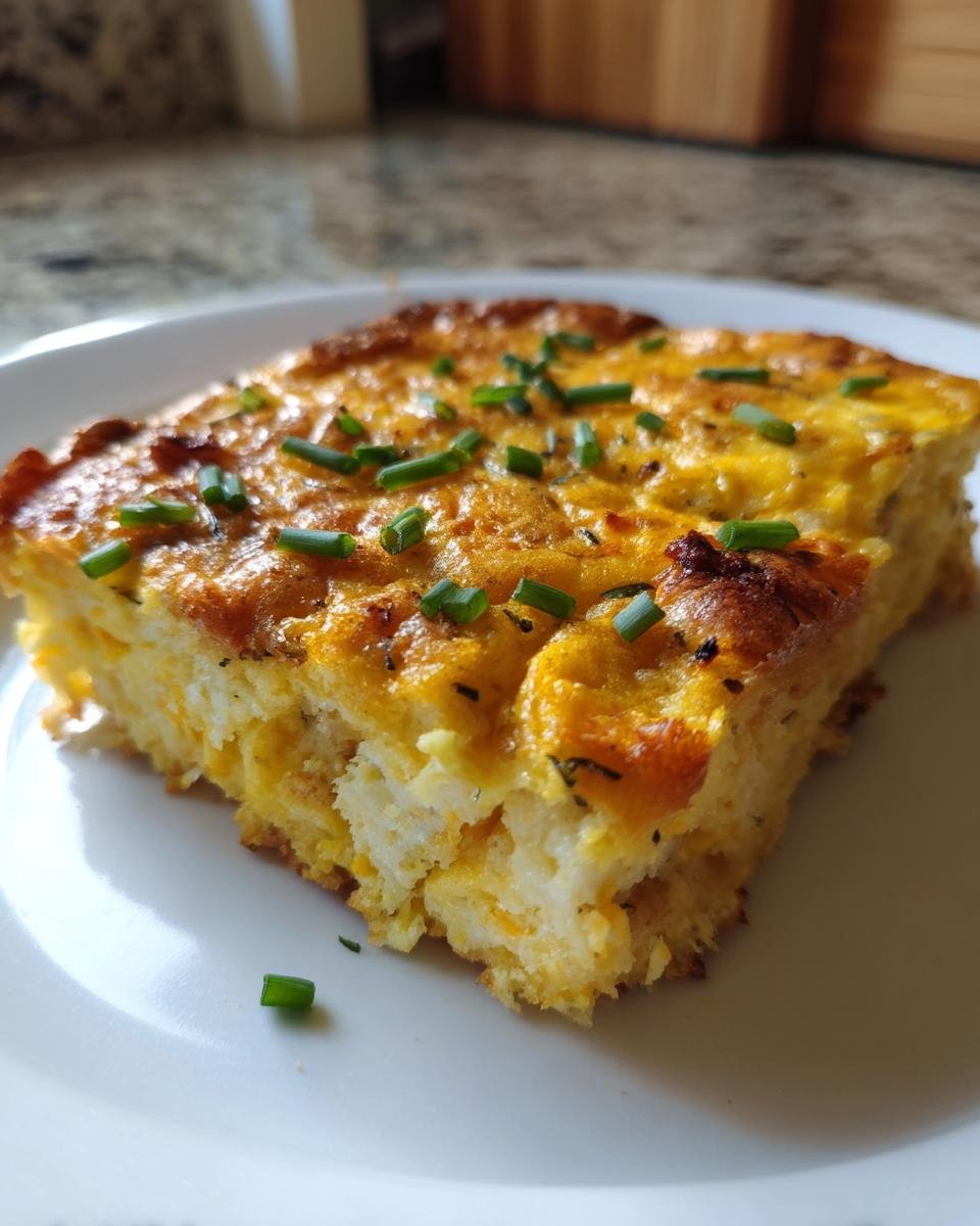 A square slice of baked Sheet Pan Eggs, golden brown on top and garnished with fresh green chives.