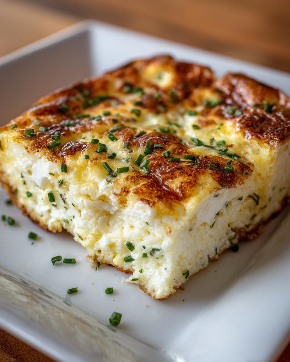 A close-up of a thick, fluffy slice of Sheet Pan Eggs, golden brown on top and sprinkled with fresh chives.