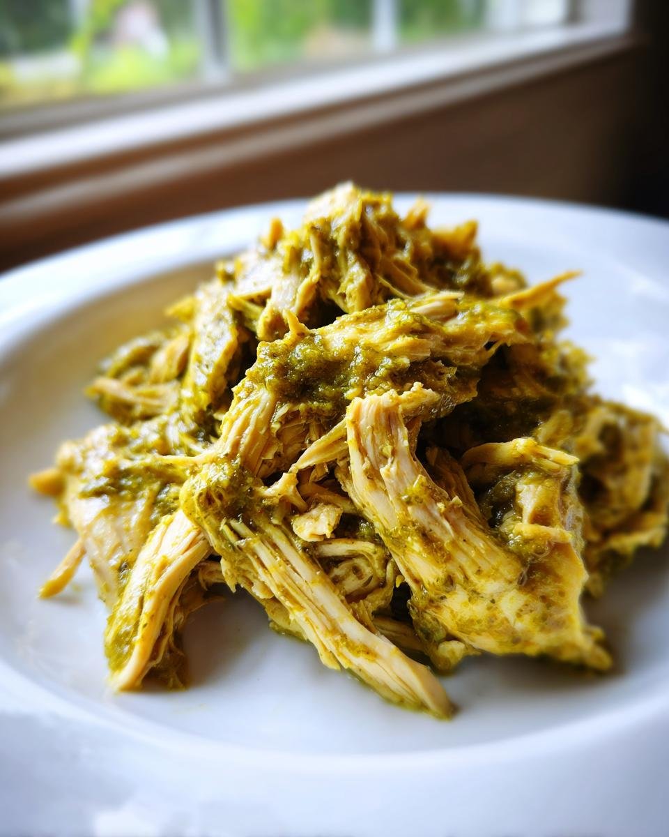 Close-up of shredded chicken coated in green salsa verde sauce, ready to serve, perfect for Crock Pot Salsa Verde Chicken.