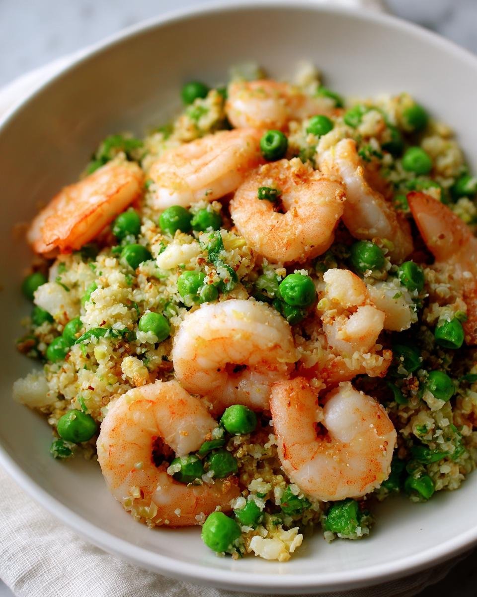 Close-up of Shrimp Fried Cauliflower Rice mixed with bright green peas in a white bowl.