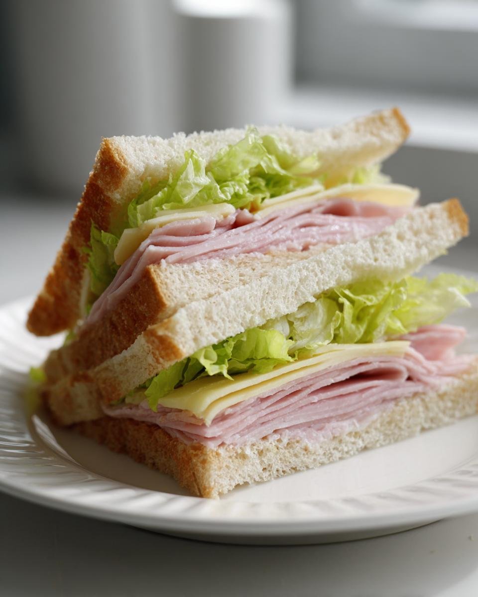 A tall, stacked ham and cheese sandwich with lettuce on white bread, perfect for Picnic Sandwiches.