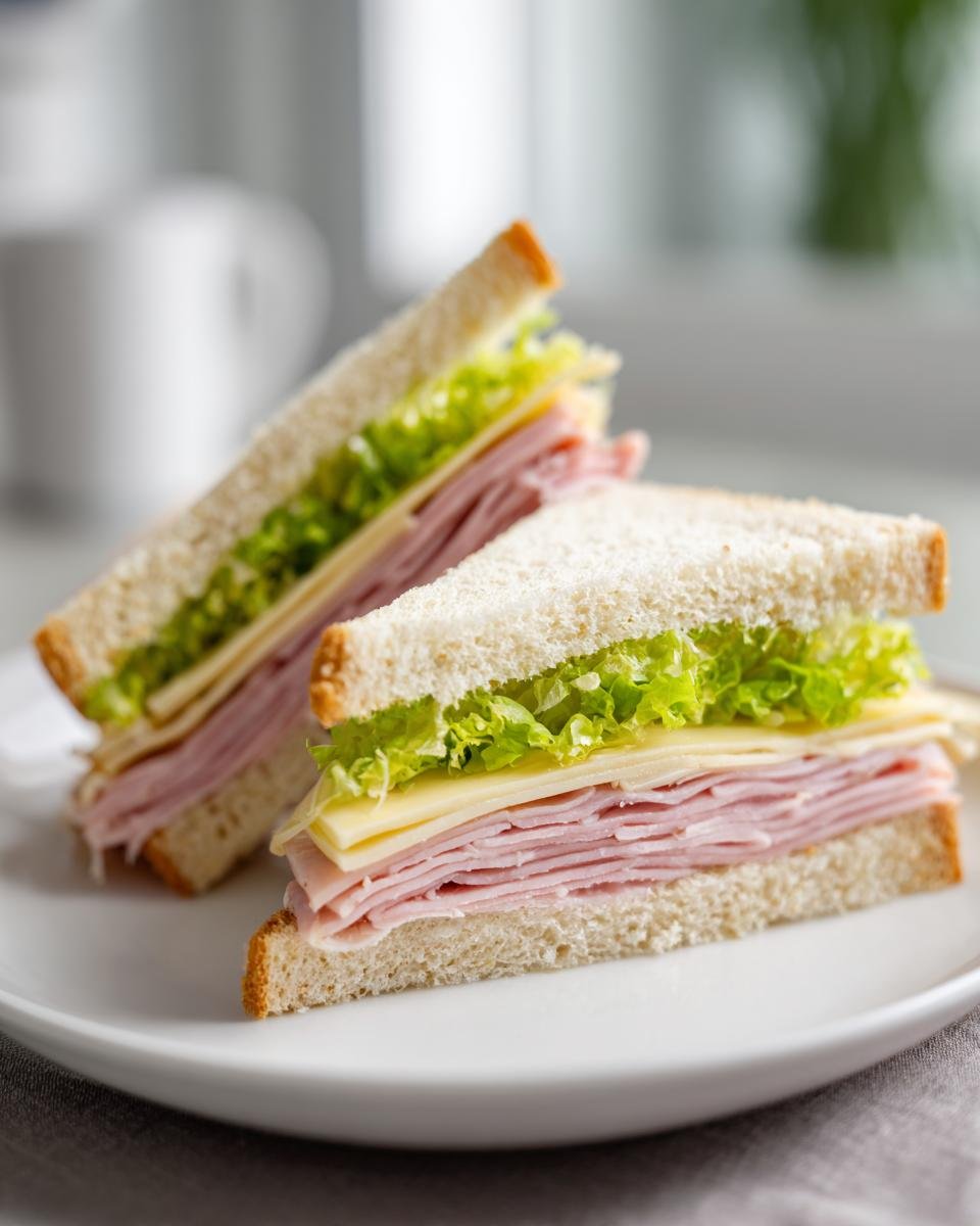 Two triangular slices of ham and cheese Picnic Sandwiches with lettuce on white bread, served on a white plate.