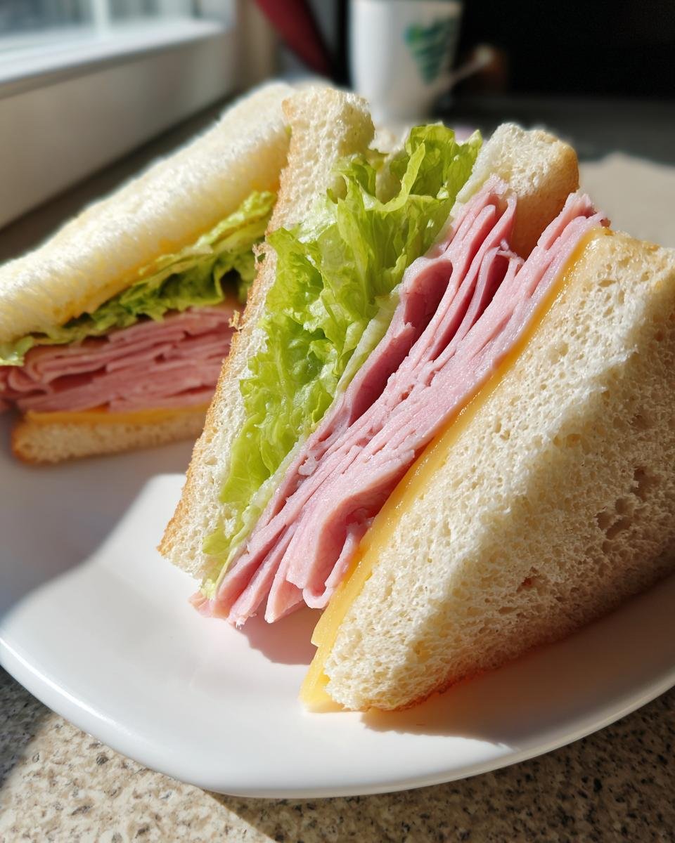 Two halves of a classic ham and cheese Picnic Sandwiches featuring white bread, layered ham, cheddar cheese, and crisp lettuce.