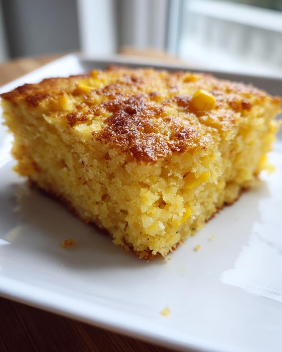 Close-up of a moist, golden slice of Cornbread Casserole with visible corn kernels, served on a white plate.