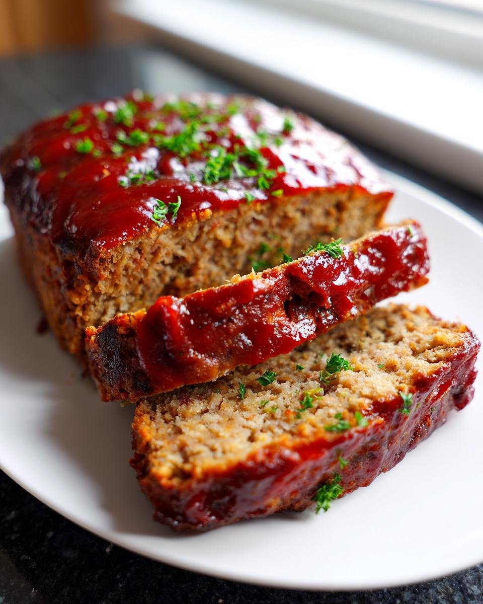 Close-up of a sliced Air Fryer Meatloaf covered in thick, shiny red glaze and sprinkled with parsley.