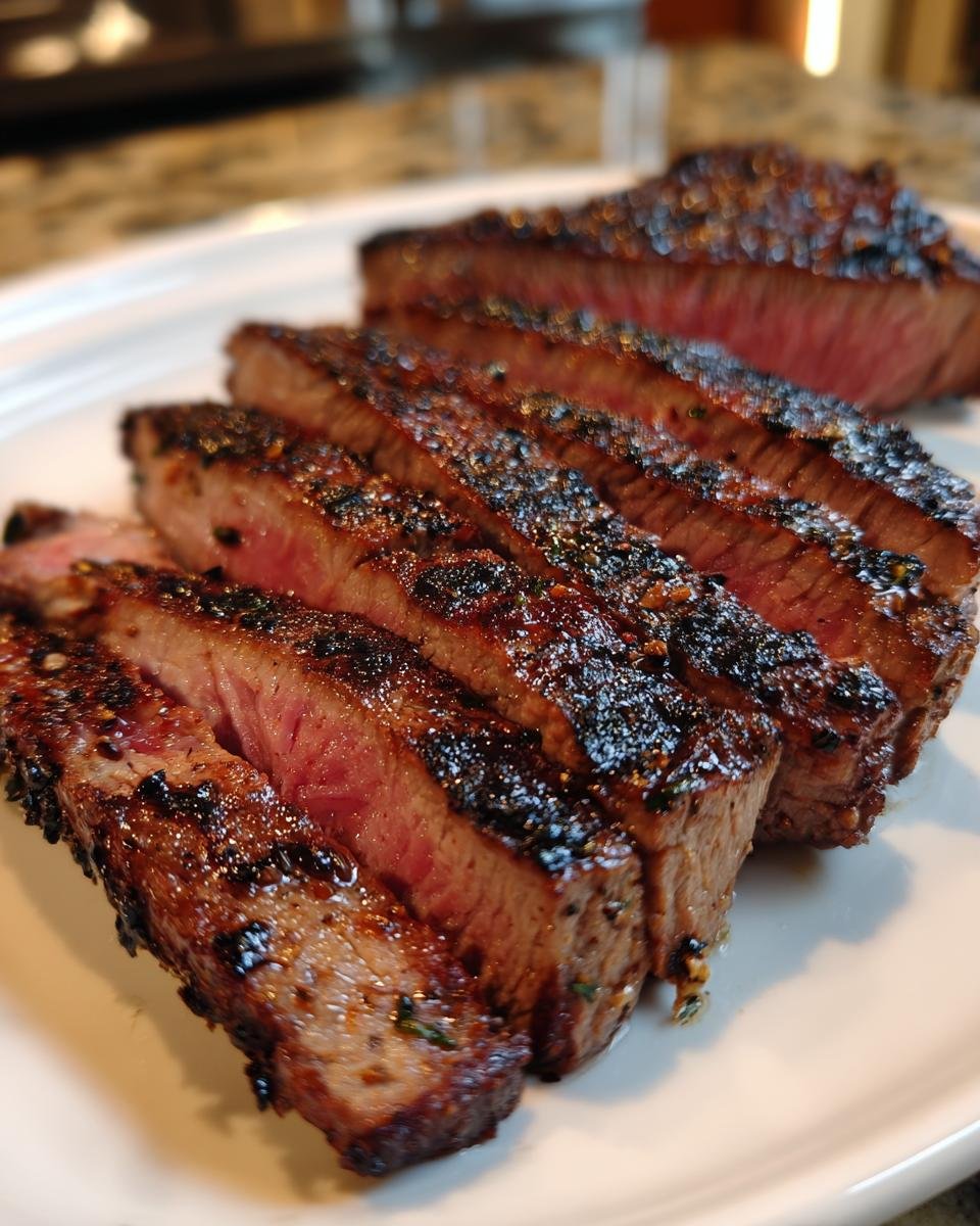 Close-up of perfectly cooked Churrasco Steak, sliced to reveal a medium-rare pink center and dark, seasoned crust.