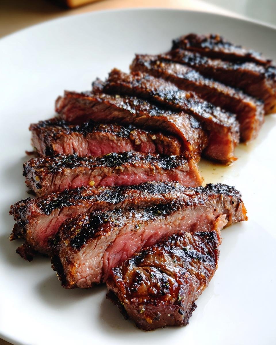 Close-up of perfectly sliced Churrasco Steak showing a medium-rare interior and seasoned crust.