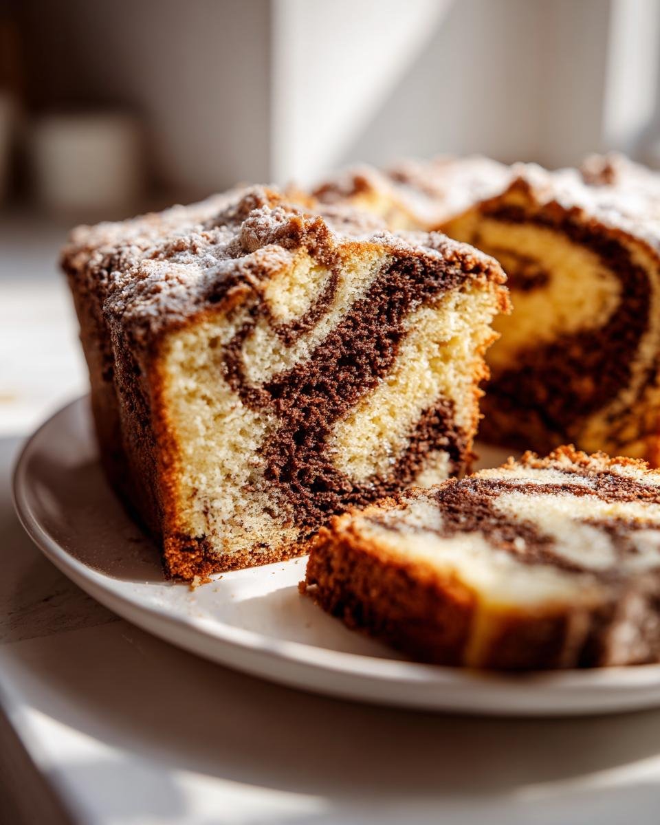 Close-up of a sliced German Marble Cake showing the beautiful vanilla and chocolate swirl pattern, dusted with powdered sugar.