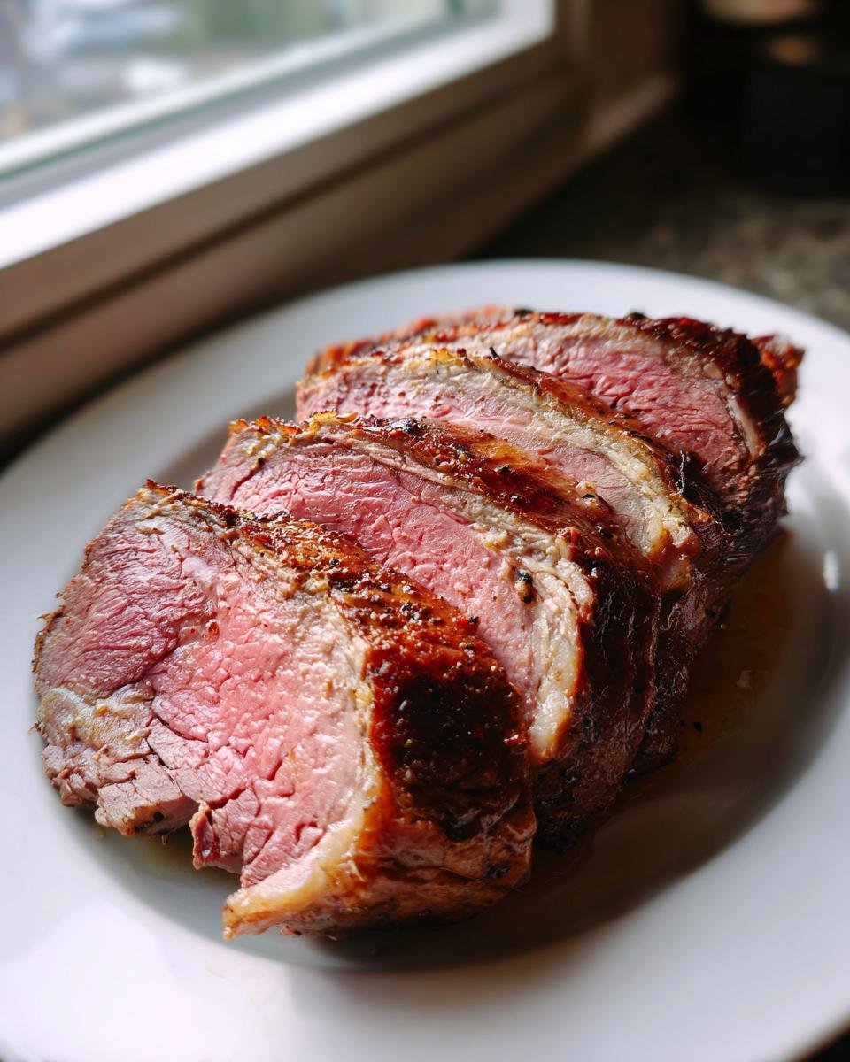Close-up of three thick slices of medium-rare Sirloin Tip Roast with a dark, seasoned crust on a white plate.