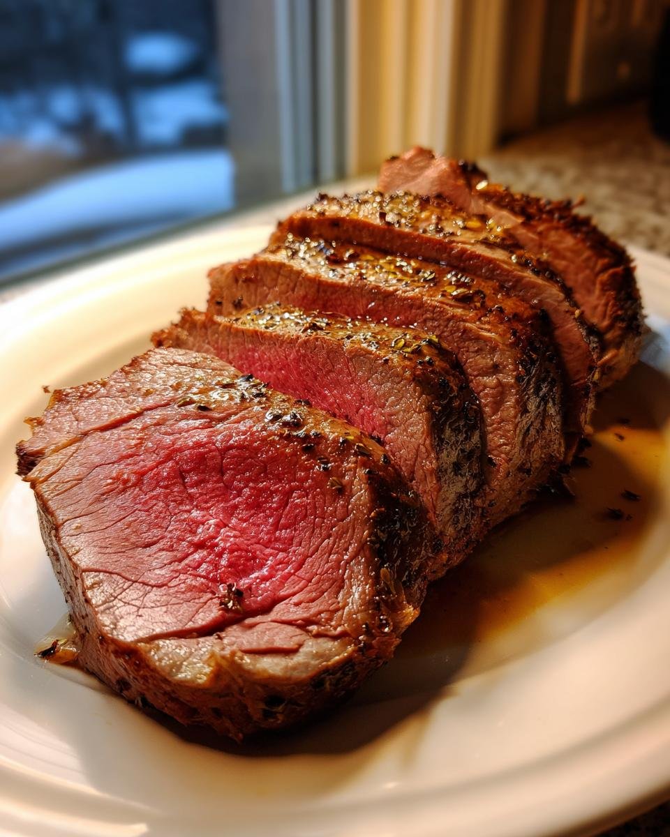 Close-up of a perfectly cooked Sirloin Tip Roast, sliced to reveal a medium-rare pink center and seasoned crust.