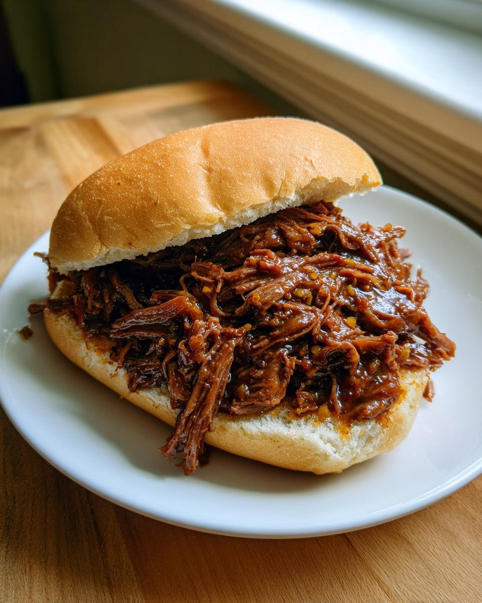 A hearty sandwich filled with shredded Slow Cooker Italian Beef served on a soft roll on a white plate.