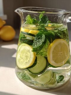A glass pitcher filled with Spa Detox Water infused with lemon slices, cucumber, and fresh mint leaves.