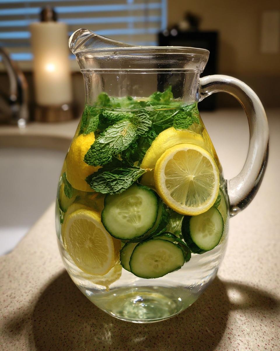 A clear glass pitcher filled with Spa Detox Water infused with lemon slices, cucumber rounds, and fresh mint leaves.