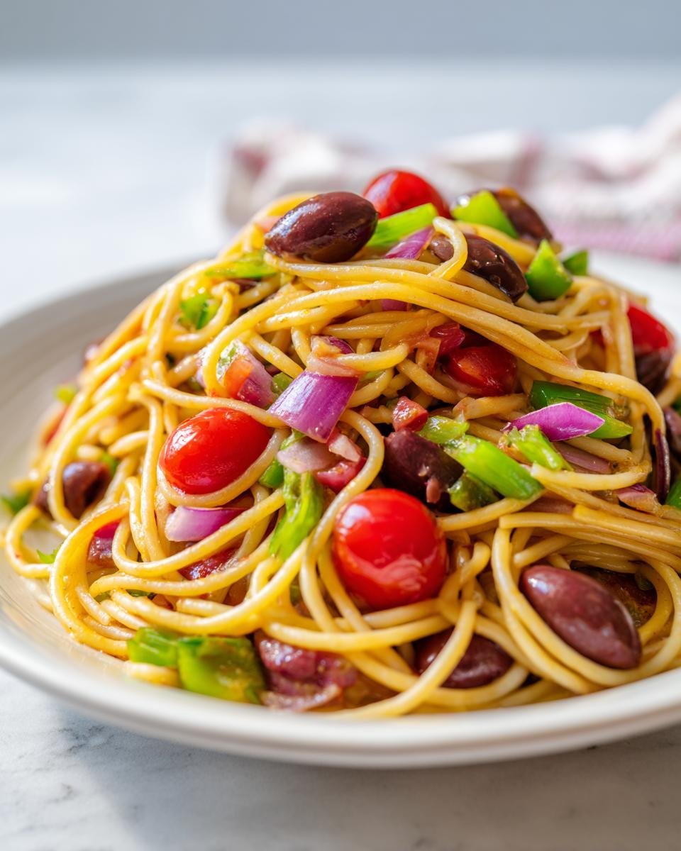 A close-up of a serving of vibrant Spaghetti Salad featuring cherry tomatoes, red onion, green pepper, and Kalamata olives.