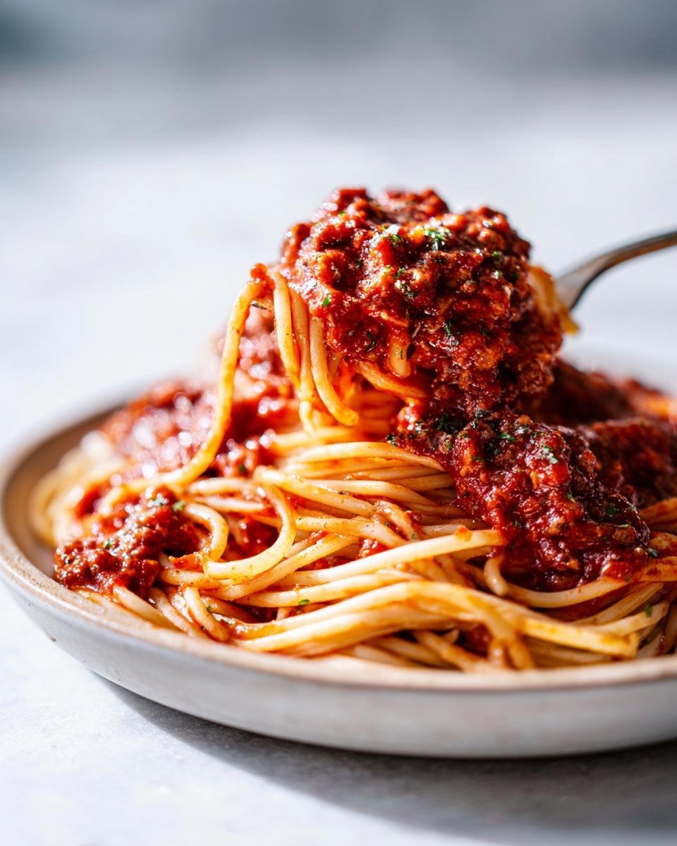 A fork lifting spaghetti coated in thick, rich Slow Cooker Spaghetti Sauce from a shallow bowl.