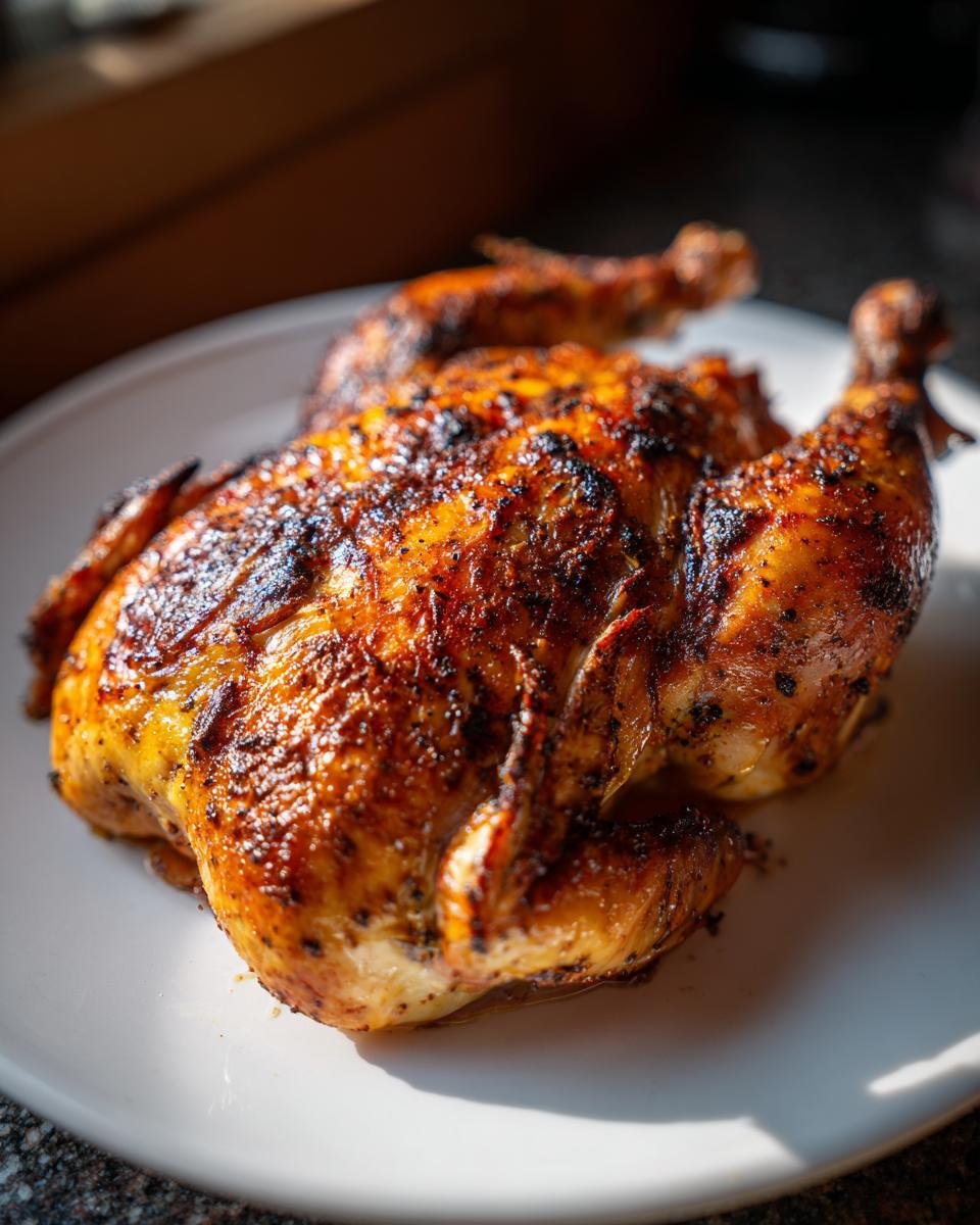 A beautifully browned and seasoned whole Spatchcock Grilled Chicken resting on a white plate.